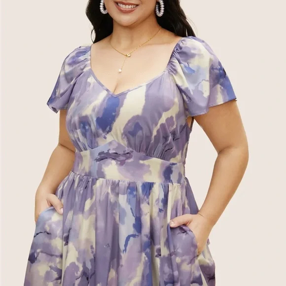 Bloomchic Watercolor Floral Ruffles Shirred Gathered Dress - Picture 2 of 8